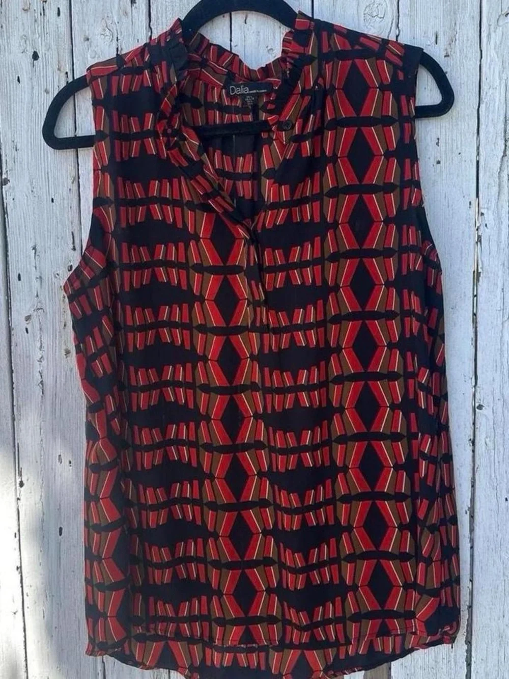Dalia Red, Black & Brown Sleeveless Geometric V-Neck Blouse